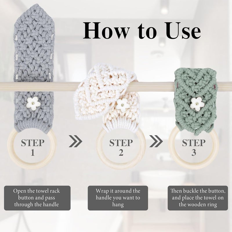 BROWNLILY 4 Pcs Handmade Crochet Towel Holder with Unique Flower Button for Bathroom, Hanging Towel Rack for Kitchen, Macrame Towel Hanger Over The Cabinet Oven Stove Door - Single Ring - Image 5